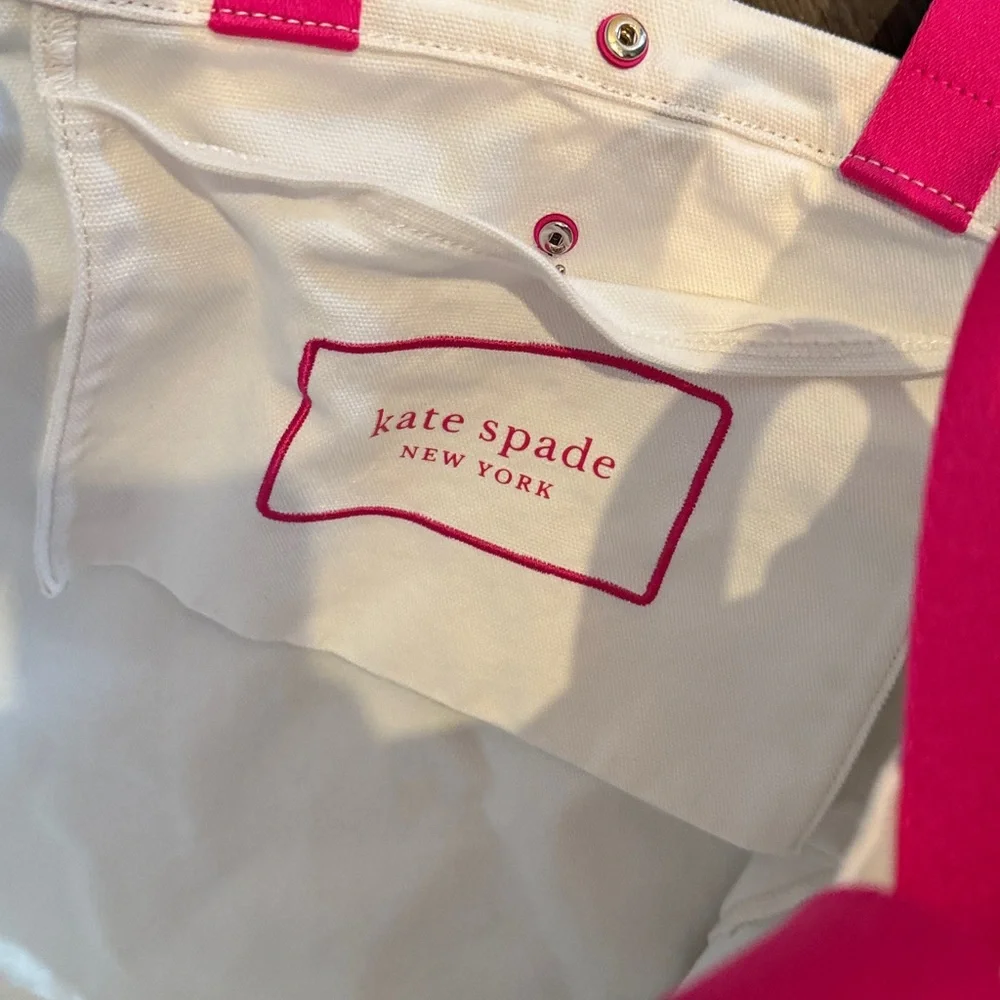 Kate Spade Cream Canvas Tote with Rainbow Text and Pink Straps-EUC - Picture 3 of 4